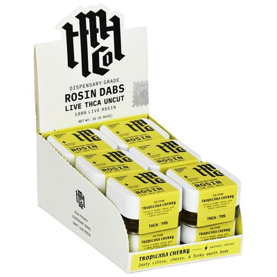 Modern Herb Co dispensary grade rosin dabs display, featuring Tropicana Cherry uncut live rosin, 1g jars.