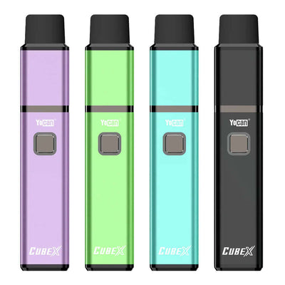 Yocan Cubex Concentrate Vaporizer in purple, green, blue, and black colors with 1400mAh battery and replaceable TGT coil