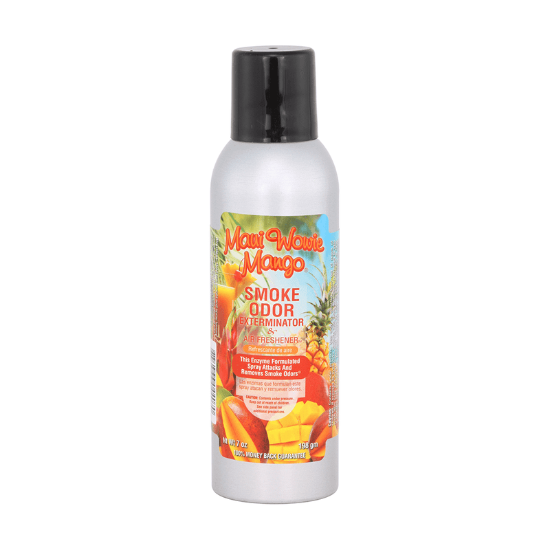 Maui Wowie Mango Smoke Odor Spray for eliminating smoke and pet odors with a refreshing tropical scent.