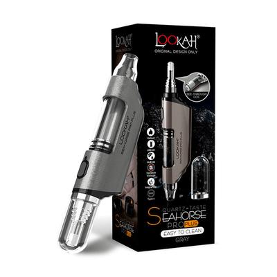 Lookah Seahorse Pro Plus vape pen in gray with packaging, showcasing the advanced design and easy-to-clean feature.