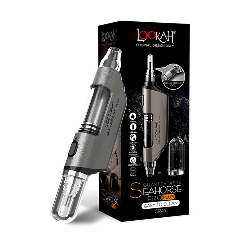Lookah Seahorse Pro Plus vape pen in gray with packaging, showcasing the advanced design and easy-to-clean feature.