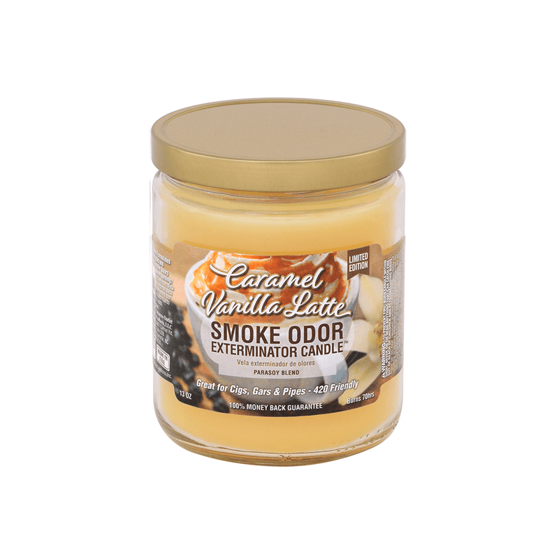 Caramel Vanilla Latte Smoke Odor Exterminator Candle in jar, designed to neutralize smoke odors effectively.