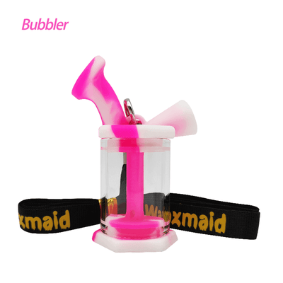 Waxmaid 3″ silicone glass mini bubbler in pink and white, featuring a strap with Waxmaid branding for durability and portability.