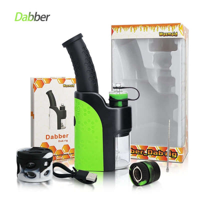 Waxmaid Dabber Electric Dab Rig with accessories including quartz atomizer, USB cable, and box packaging