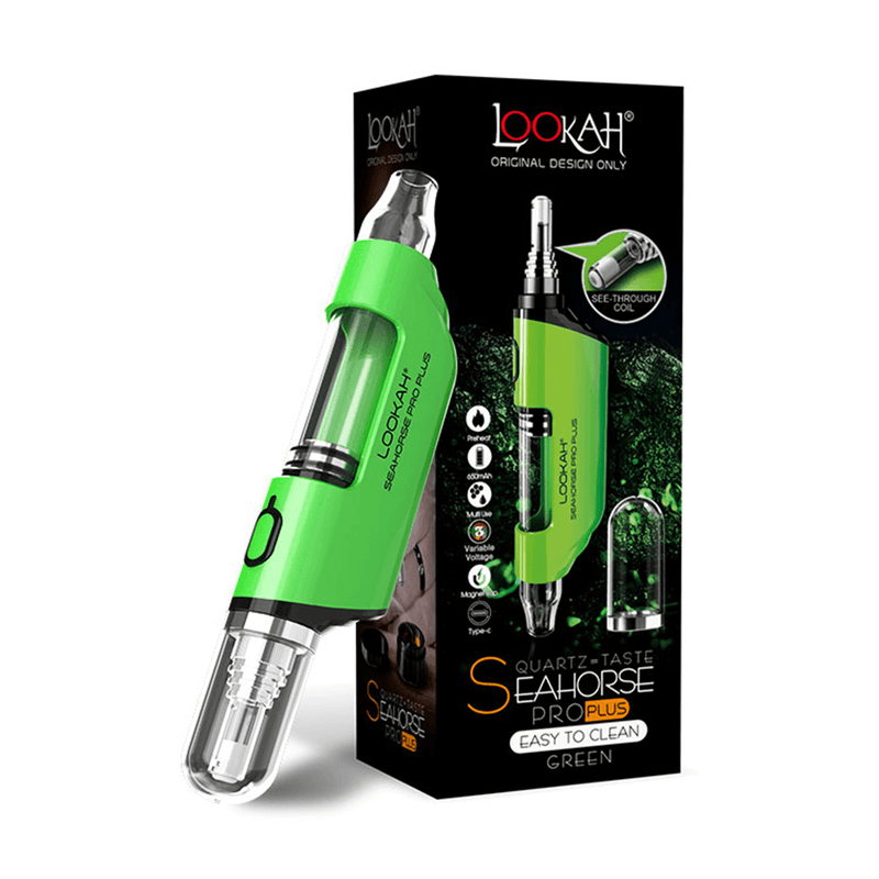 Lookah Seahorse Pro Plus in green, showcasing its sleek design and features for an enhanced vaping experience.