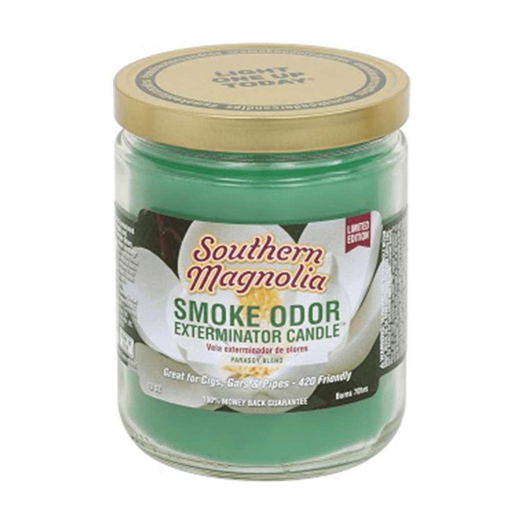 Southern Magnolia Smoke Odor Exterminator candle in a jar, ideal for eliminating smoke odors with a pleasant fragrance.