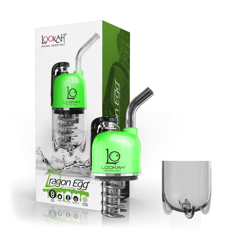 Lookah Dragon Egg Vaporizer in green with packaging, designed for flavorful and powerful vaping experiences.