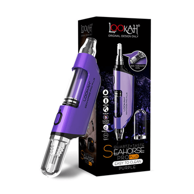 Lookah Seahorse Pro Plus vaporizer in purple, featuring quartz technology for smooth draws and easy cleaning.