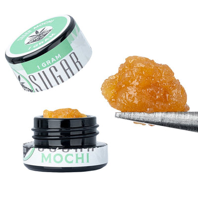 WNC CBD THCA Sugar in a jar with a scoop, showcasing its rich texture and potent flavor for enhanced cannabis use.