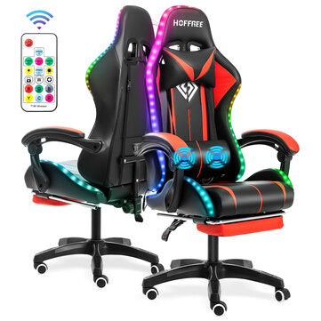 Hoffree Massage Gaming Chair Recliner Chair RGB LED Lights with Footrest