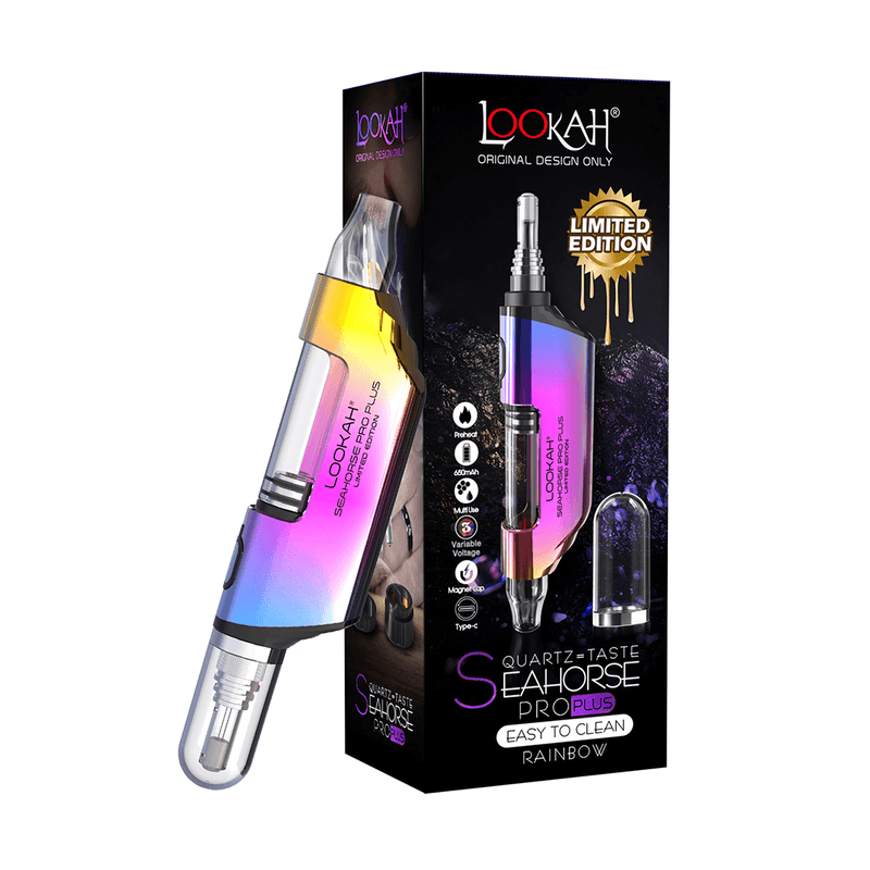 Lookah Seahorse Pro Plus vape pen in rainbow color, featuring a quartz tip and stylish packaging, labeled as limited edition.