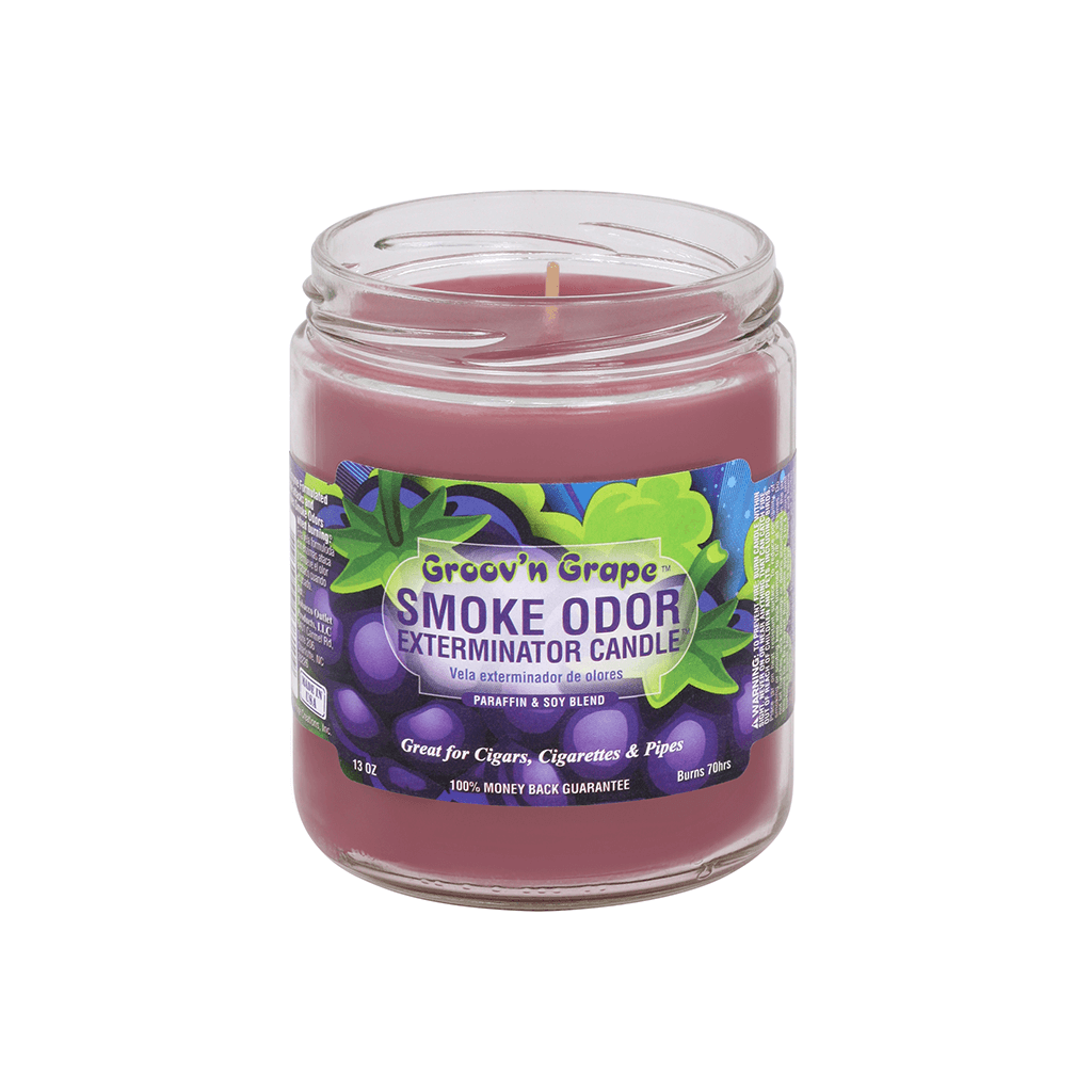 Smoke Odor Exterminator candle in Groov'n Grape scent, 13 oz, designed to eliminate smoke odors from cigars, cigarettes, and pipes.