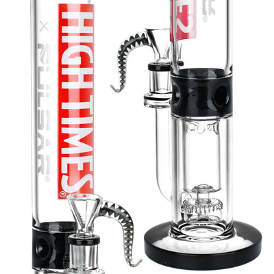 High Times x Pulsar logo straight tube recycler water pipe, 14.75 inches, 14mm F, sleek design with unique features.