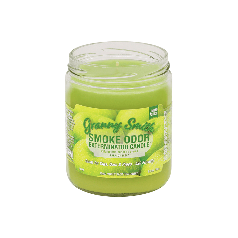 Granny Smith Smoke Odor Exterminator candle for eliminating stubborn smoke odors, 13 oz, featuring a vibrant green design.