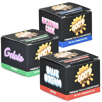 GOO'D Premium THCA Concentrate containers in Blue Dream, Gelato, and Wedding Cake strains, 2 grams each.