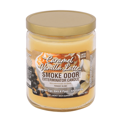 Caramel Vanilla Latte Smoke Odor Exterminator candle in glass jar, ideal for eliminating smoke odors effectively.