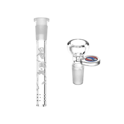 Grateful Dead x Pulsar water pipe parts with 14mm herb slide and Space Your Face decal on durable glass components.