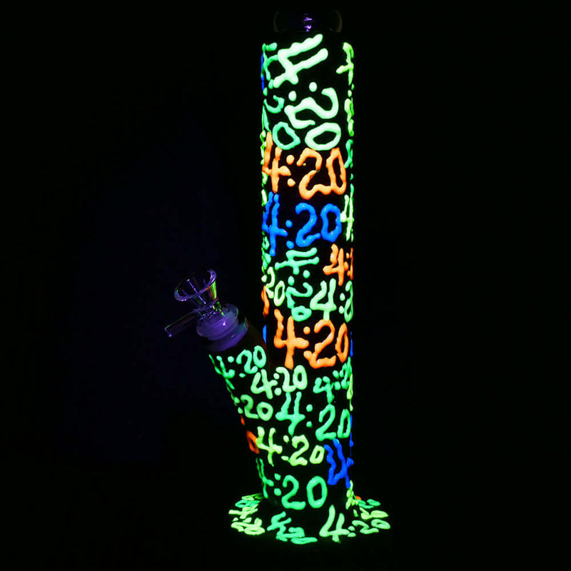 Glow in the dark straight tube water pipe with vibrant 4:20 design, 11.5 inches tall, featuring a removable downstem and ice catcher.