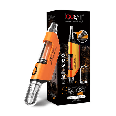 Lookah Seahorse Pro Plus in orange packaging showcasing advanced vaping technology and easy-to-clean design.
