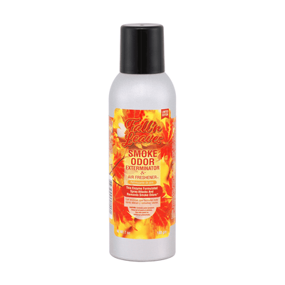 Smoke odor spray bottle with fall leaves design, effective air freshener for eliminating smoke and pet odors.
