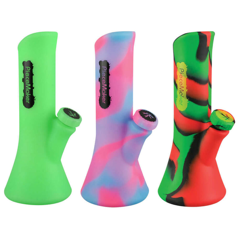 PieceMaker Kali Silicone Bongs in assorted colors including green, Kotton Kandy, and Rasta, featuring Hex-TEK high perc technology.