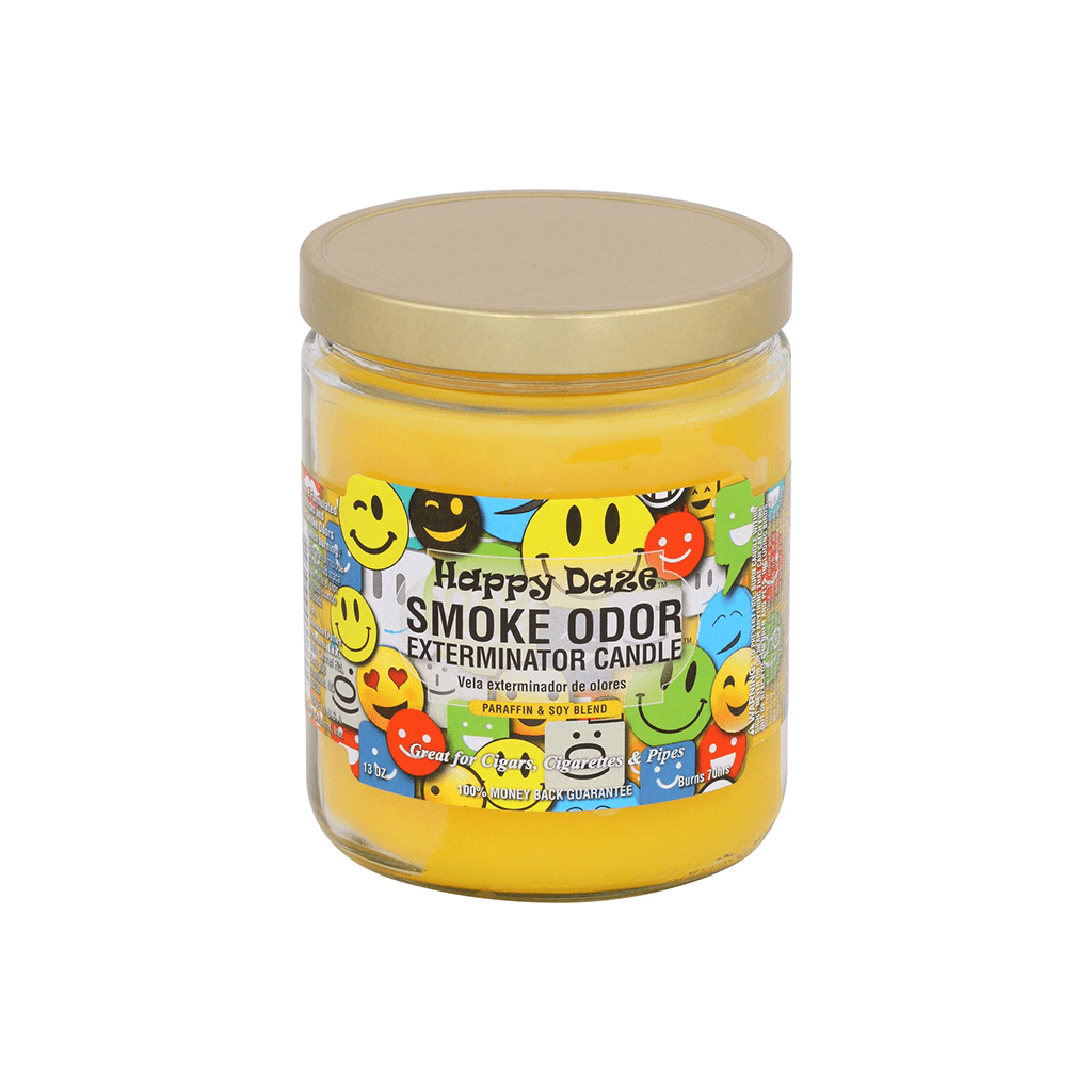 Happy Daze Smoke Odor Exterminator candle in glass jar, paraffin and soy wax blend for neutralizing smoke odors.