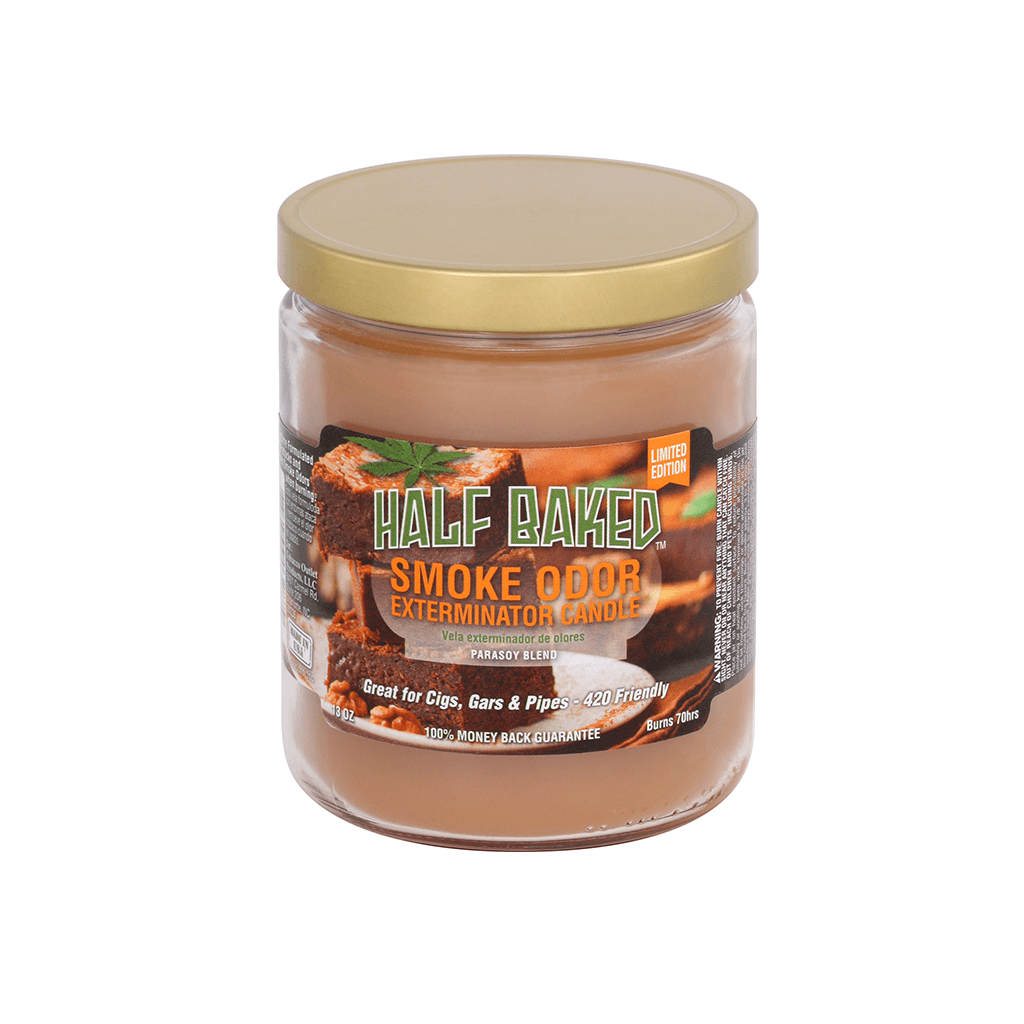 Half Baked Smoke Odor Exterminator Candle, 13 oz, neutralizes smoke odors from cigars, cigarettes, and pipes.