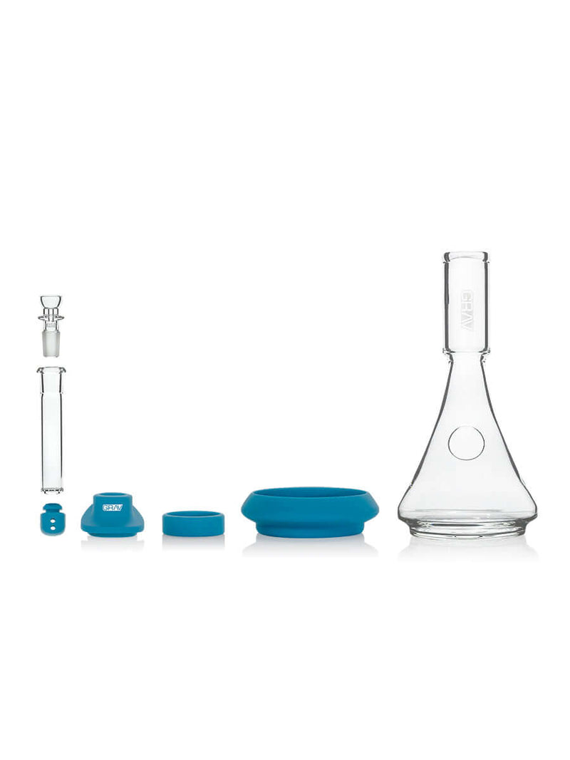 GRAV® Deco Beaker in Silicone with disassembled parts and blue custom-fitted silicone covers showcasing art deco design.