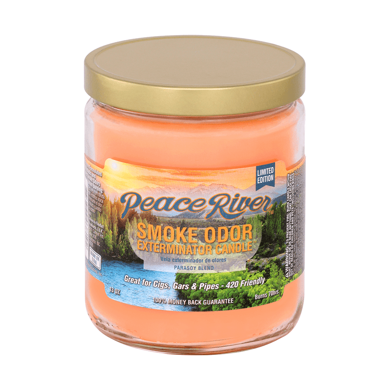 Peace River Smoke Odor Exterminator Candle in a jar, designed to eliminate smoke odors from cigars, cigarettes, and pipes.