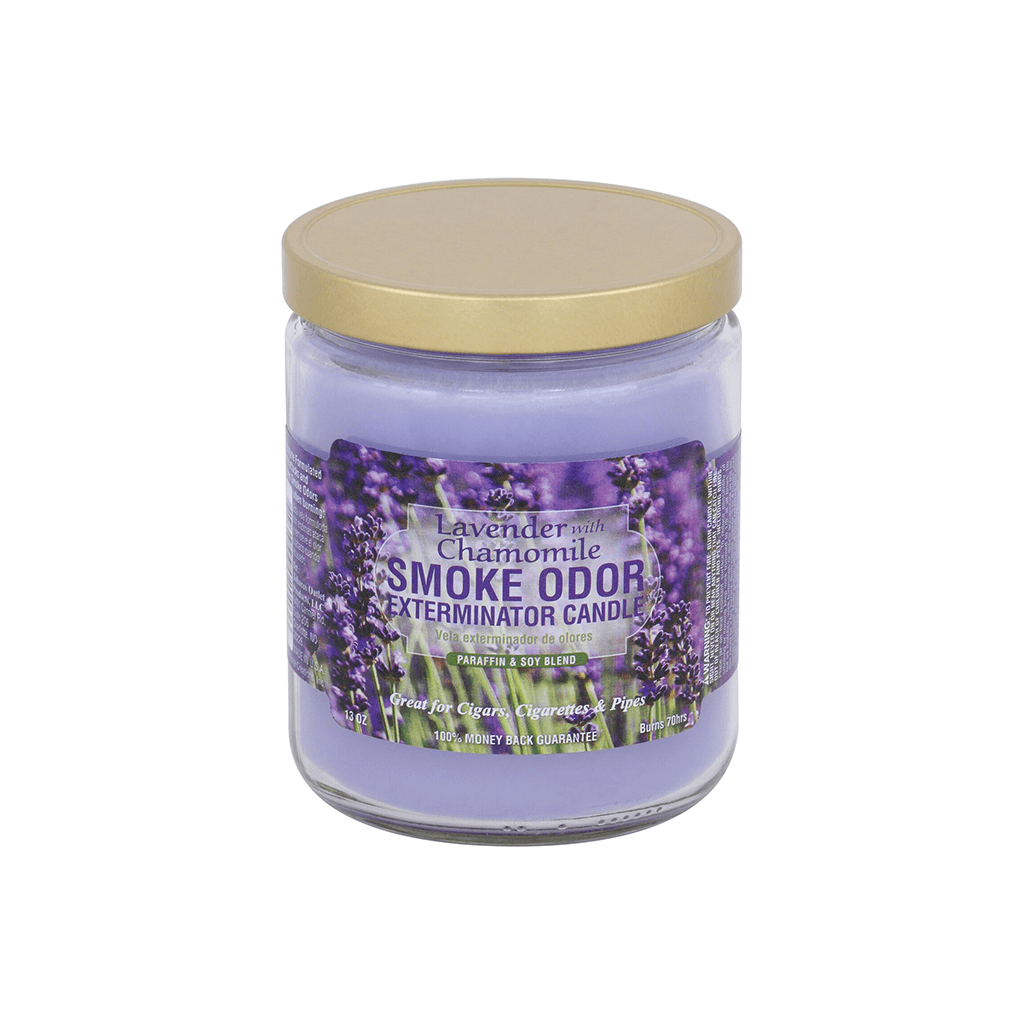 Lavender and chamomile smoke odor exterminator candle in a glass jar with a gold lid, effective odor neutralizer.