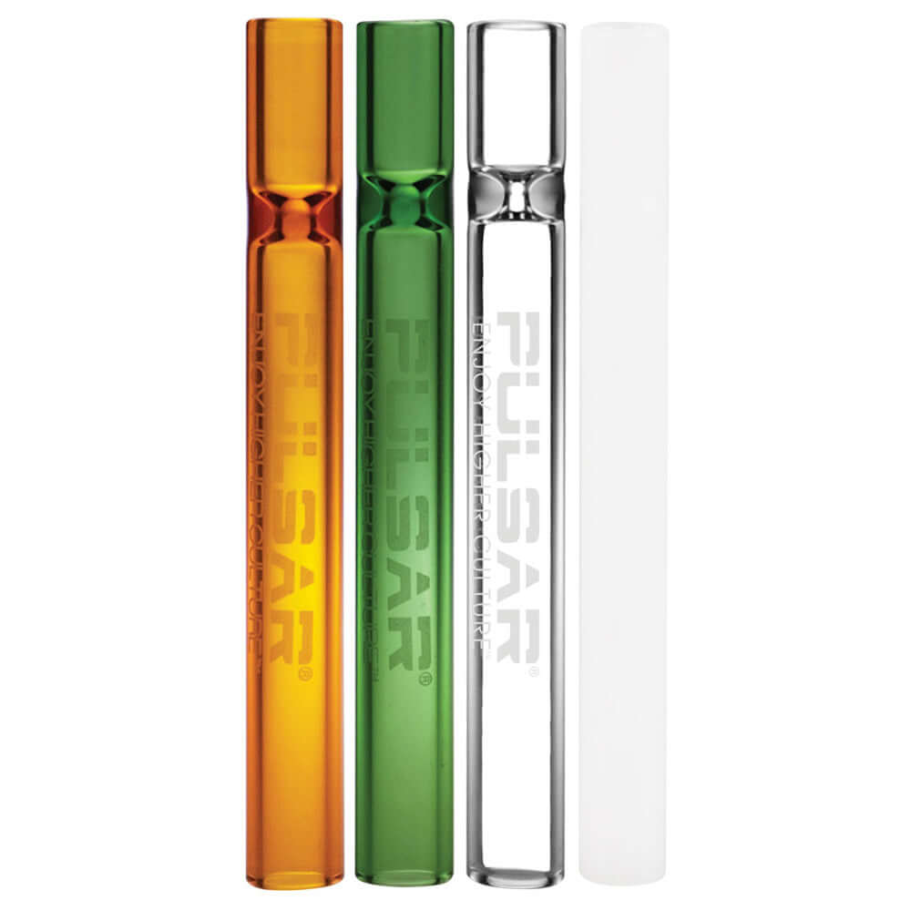 Pulsar Glass Chillum assortment - 4.2" in orange, green, clear, and white colors for smoking enjoyment.