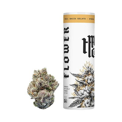 Modern Herb Co THCA Flower in Bacio Gelato strain packaging with colorful cannabis bud beside it.