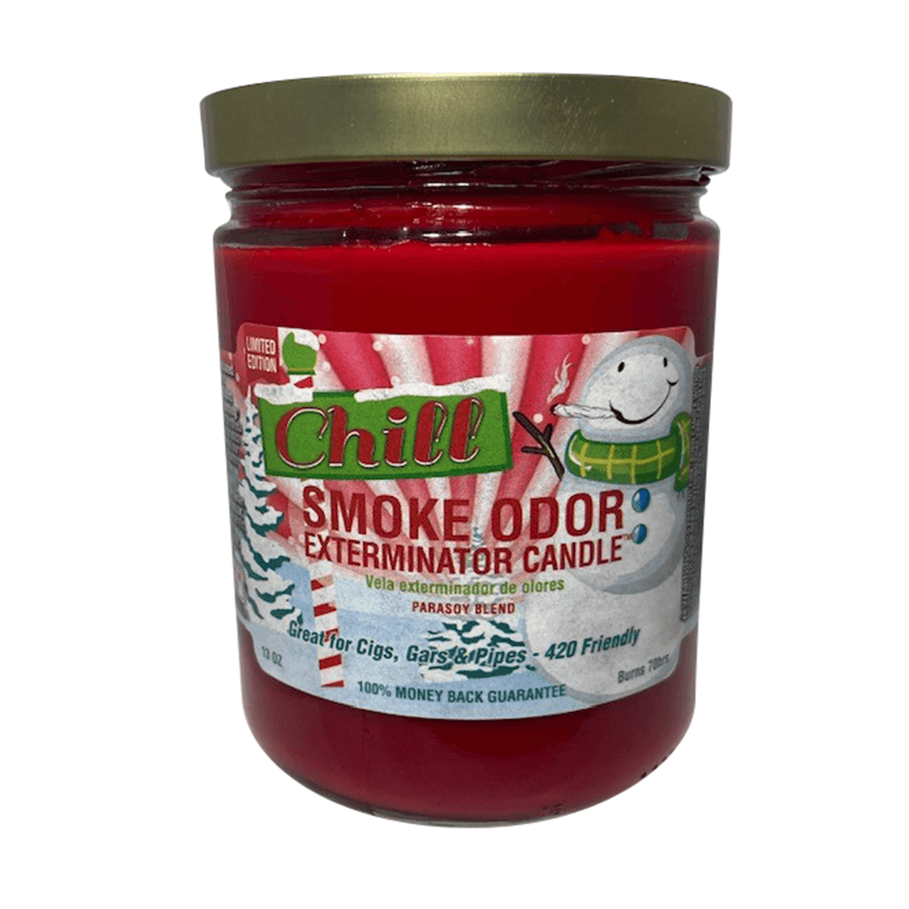 Chill Smoke Odor Exterminator Candle in jar, designed to neutralize smoke odors from cigars, cigarettes, and pipes.