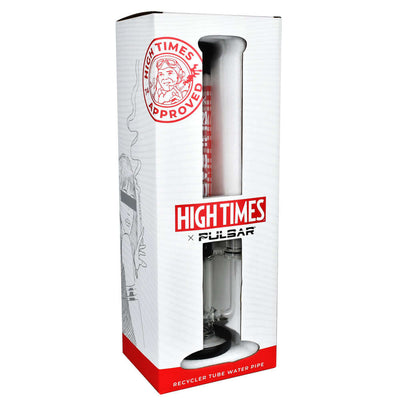 High Times x Pulsar Logo Straight Tube Recycler Water Pipe in packaging showing official logo and sleek design