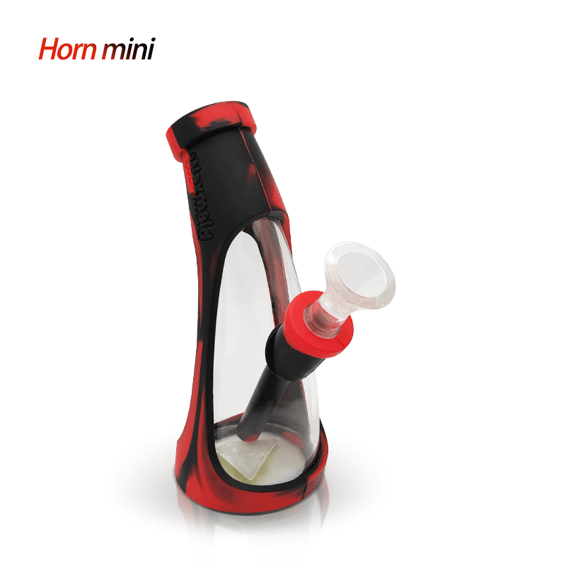 Waxmaid Mini Horn silicone glass bubbler, durable and odorless tobacco smoking rig, with red and black silicone sleeves.