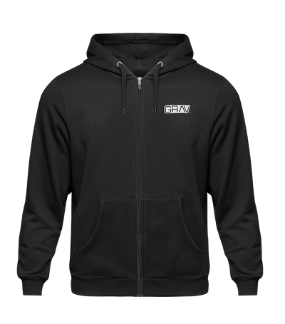 GRAV® Zip-Up Hoodie with Embroidered Logo, Black, Durable Zipper, Adjustable Hood, Thick Cotton, Style and Warmth