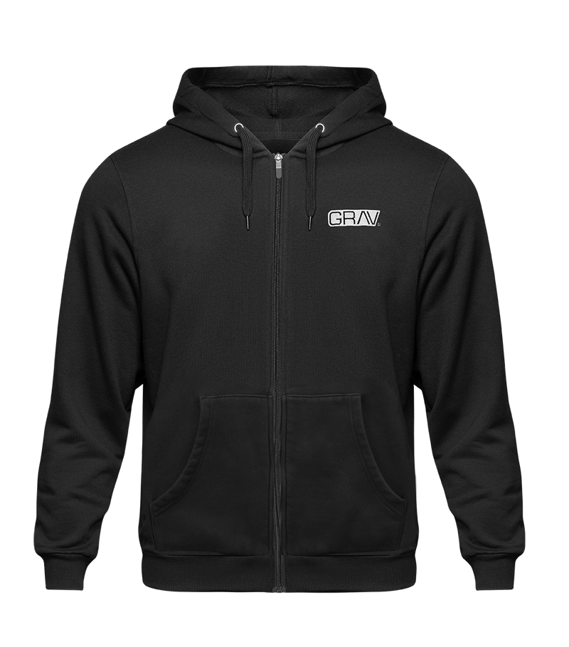 GRAV® Zip-Up Hoodie with Embroidered Logo, Black, Durable Zipper, Adjustable Hood, Thick Cotton, Style and Warmth