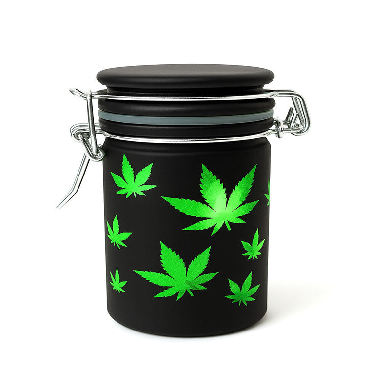 AIRTIGHT BLACK FROSTED GLASS STORAGE JAR WITH GREEN LEAF DESIGN