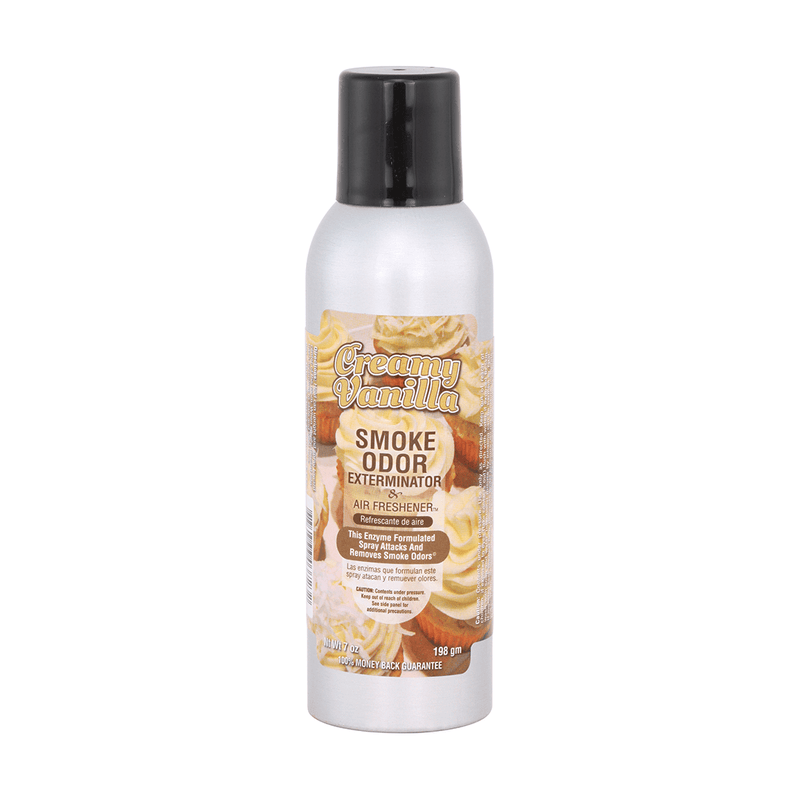 Creamy Vanilla Smoke Odor Exterminator spray bottle for eliminating household odors quickly and effectively.