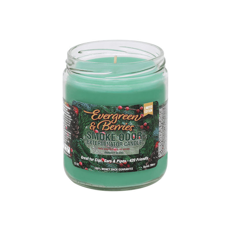Evergreen & Berries Smoke Odor Exterminator candle in a jar, designed to eliminate smoke odors and fill spaces with fragrance.