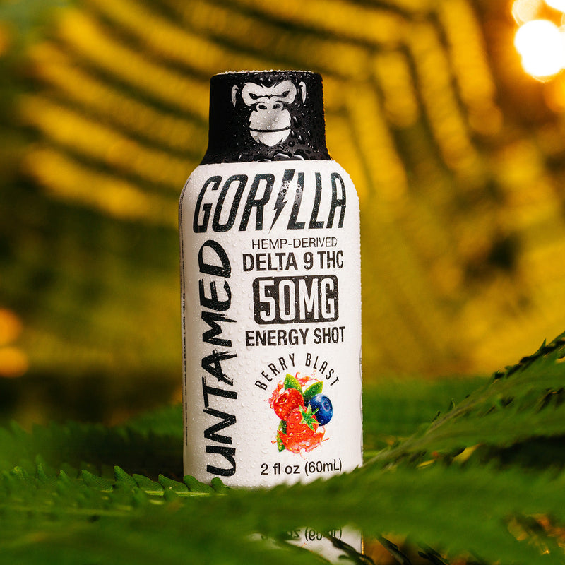 THC Energy Drink Shots - UNTAMED 50MG energy shot bottle with berry blast flavor and hemp-derived ingredients.