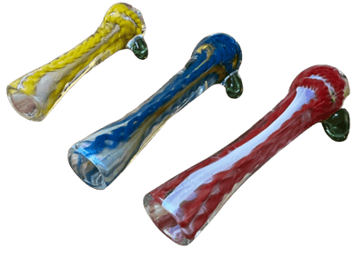3-inch glass hand pipes in yellow, blue, and red with internal twist design for tobacco and dry herbs.