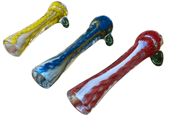 3-inch glass hand pipes in yellow, blue, and red with internal twist design for tobacco and dry herbs.