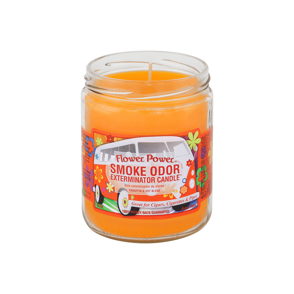 Smoke Odor Exterminator candle in a jar, designed to eliminate smoke odors from cigars, cigarettes, and pipes.