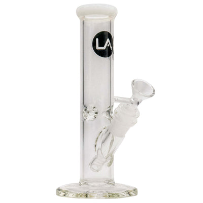 LA Pipes Straight Shooter Bong, 8-inch, clear glass with logo, featuring colorful mouthpiece, handmade in Los Angeles.