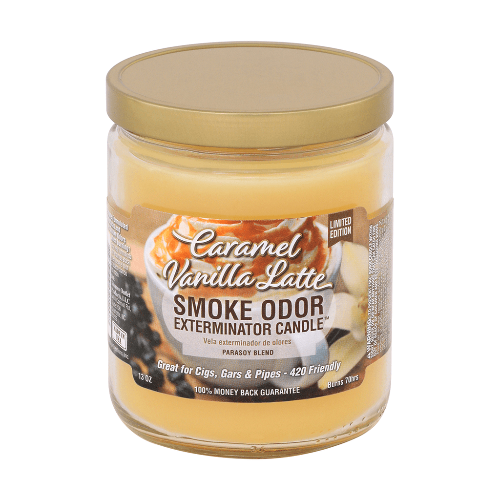Caramel Vanilla Latte Smoke Odor Exterminator Candle in jar, eliminates smoke odors for cigars, pipes, and more.