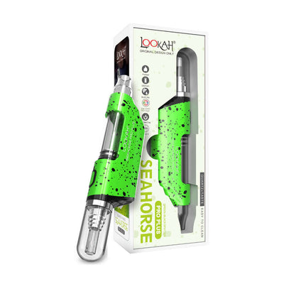 Lookah Seahorse Pro Plus in green, compact design with packaging for an enhanced vaping experience.