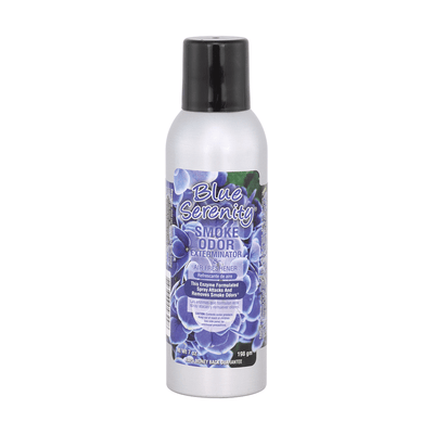 Blue Serenity Smoke Odor Spray in a sleek bottle, designed to eliminate smoke and household odors effectively.