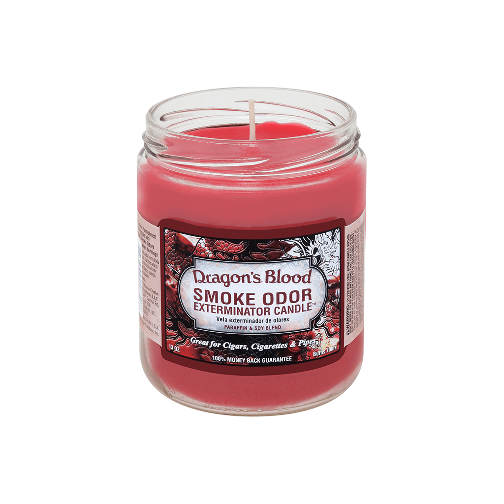 Dragon's Blood Smoke Odor Exterminator candle in jar, ideal for neutralizing smoke odors from cigars, cigarettes, and pipes.