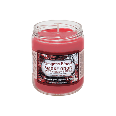 Dragon's Blood Smoke Odor Exterminator candle in jar, ideal for neutralizing smoke odors from cigars, cigarettes, and pipes.